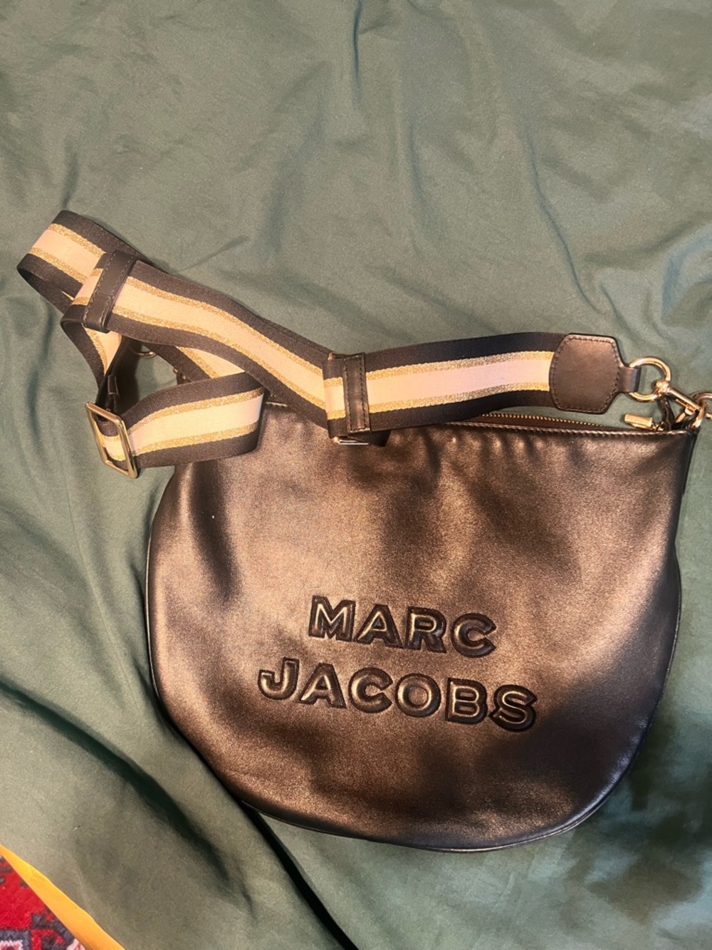 Marc Jacobs Black Leather Messenger Bag with Striped Strap